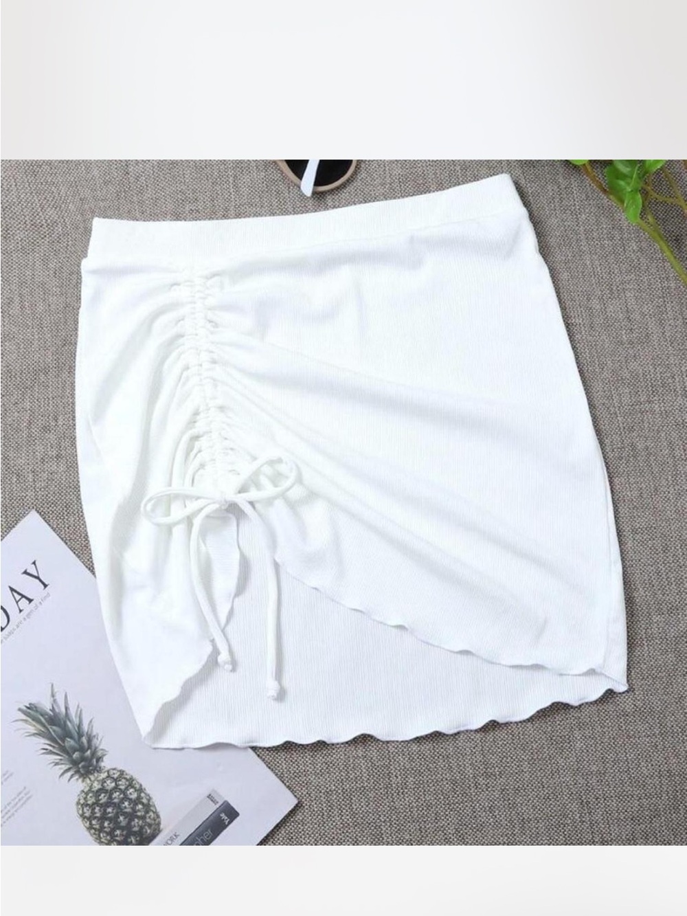 SHEIN White Ruched Drawstring Asymmetrical Mini Skirt